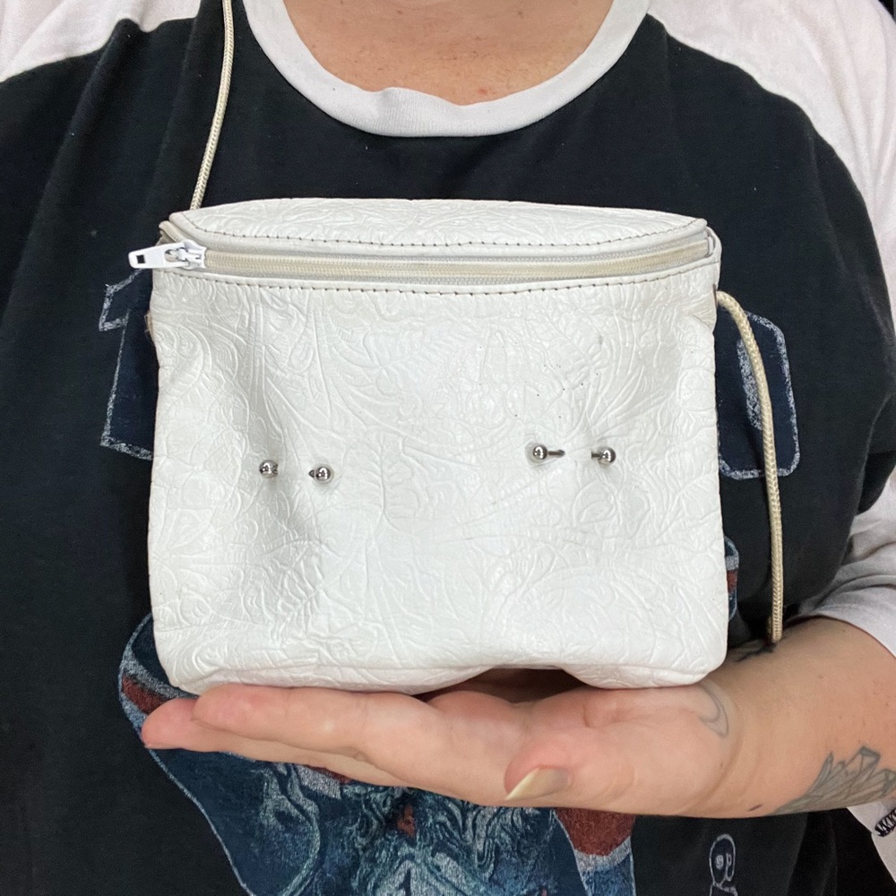 Vintage White Tooled Floral Leather Custom Pierced Mini Bag